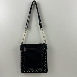 LaTique Black Faux Leather Studded Rhinestone Crossbody Purse Shoulder Handbag